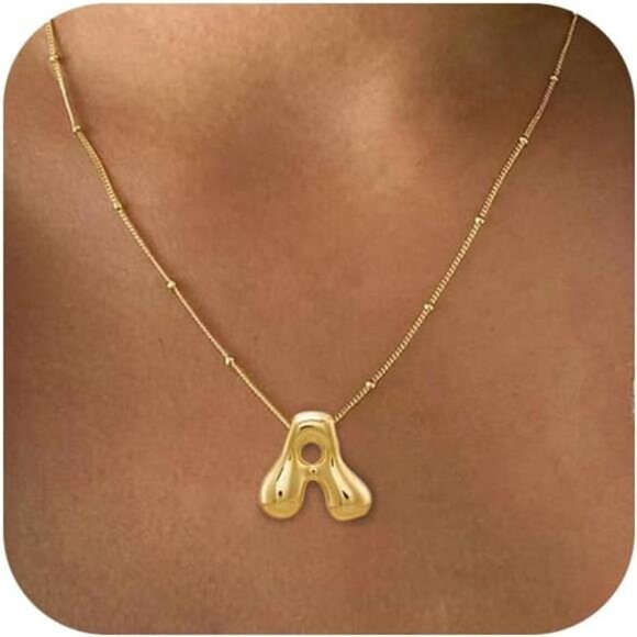 Gold & Silver Letter Necklace | 14K Plated Balloon Initial Pendant - Picture 1 of 5